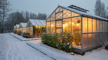 Greenhouses glowing warmly with artificial lights during winter, surrounded by snow-covered ground, showcasing sustainable indoor farming in cold climates.