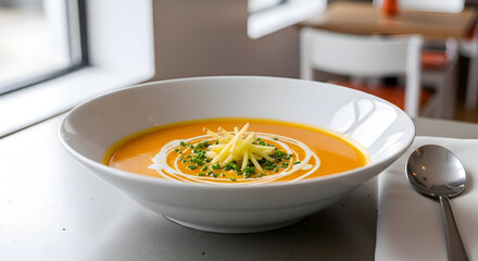 Delicious  Pumpkin Soup Garnished with Garnish and Cream Swirls in a White Bowl