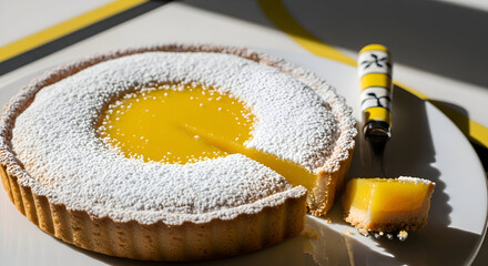 Delicious  lemon tart with a slice cut off with icing sugar on a white plate