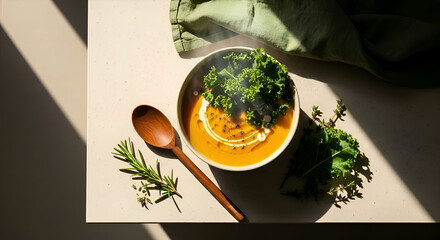 Delicious  Pumpkin Soup with Fresh Greens and Wooden Spoon, Food Photography