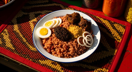 Delicious  Rice dish with eggs and meat in a bowl on a colorful patterned mat