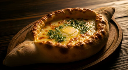 Delicious Adjarian Khachapuri a Traditional Georgian Cheese Bread on a Wooden Plate