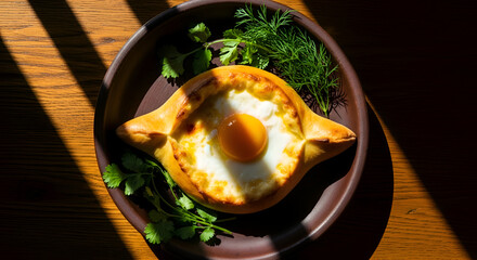 Delicious Adjarian Khachapuri on a Plate with Fresh Herbs and Sunny Appearance