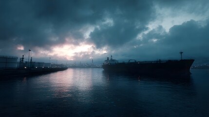 Obraz premium A massive tanker ship navigates a twilight harbor silhouetted against an industrial complex and a dramatic cloudy sky