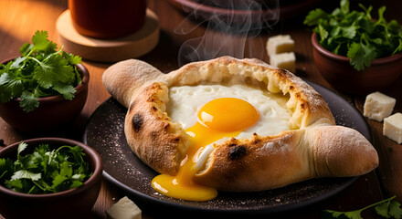 Delicious Adjarian Khachapuri with a runny egg yolk and fresh herbs, perfect meal