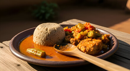 Delicious African Cuisine Served on a Plate with a Wooden Spoon and Sunshine