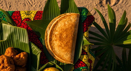 Delicious african food with leaves and vibrant fabric, a culinary capture perfect for any project