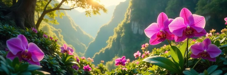 Fototapeta premium Vibrant Wild Orchids Blooming in Lush Sunlight A Breathtaking Untamed Landscape