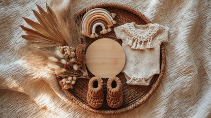 Softly lit, a lovingly arranged baby shower scene evokes warmth and anticipation, featuring a hand-crafted rainbow, tiny shoes. ..Created with Generative AI, not depicting real subjects.