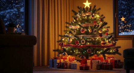 Fototapeta premium A beautifully decorated Christmas tree with presents underneath, illuminated by warm lights in a cozy room.