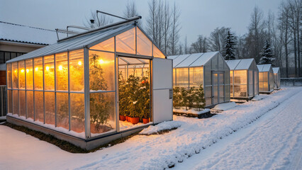 Greenhouses glowing warmly with artificial lights during winter, surrounded by snow-covered ground, showcasing sustainable indoor farming in cold climates.