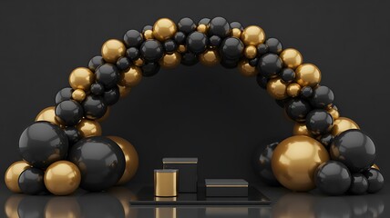 Elegant Black and Gold Balloon Arch with Matching Platforms on Reflective Surface