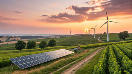 Aerial view of renewable energy landscape with solar panels and wind turbines on farmland at sunset, symbolizing sustainable power and green technology.