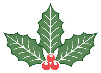Simple Christmas holly sprig with three leaves and red berries icon