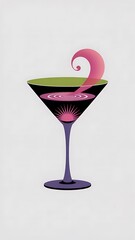 Surreal Cocktail Illustration with Pink Swirl, Starburst, and Concentric Accents