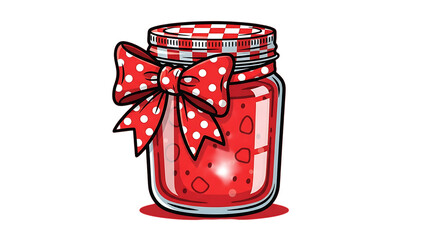 Homemade strawberry jam in cute cartoon jar with polka dot bow is perfect for a sweet gift or charming kitchen decor