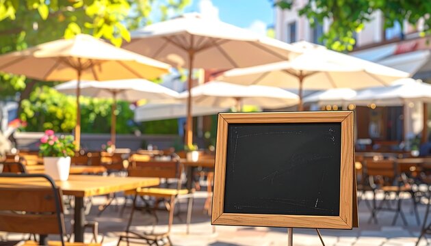 Outdoor cafe scene with an empty chalkboard, sunlit tables, and umbrellas