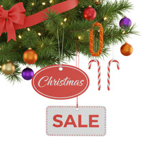 Festive Christmas Tree Display with Ornaments and Sale Sign on Isolated Transparent Background