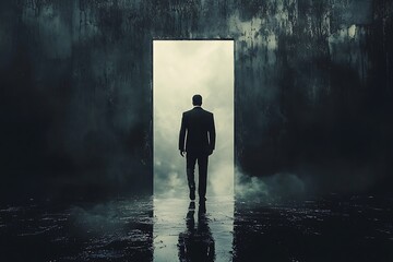 Man silhouette entering illuminated door representing new chapter picture