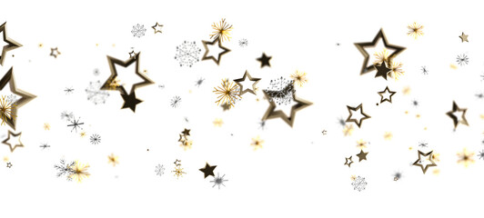 Stylish gold stars and snowflakes on a white backdrop perfect for Christmas, New Year or celebration designs. Ideal for holiday greetings and fe