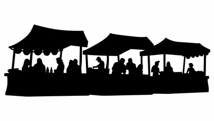 Vibrant silhouette of a lively outdoor market scene with vendors and shoppers under tents, perfect for summer events