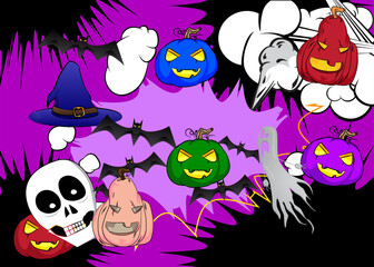 Modern creative pop art vibrant comic book style Halloween poster. Cartoon design Holiday Celebration invitation, poster.