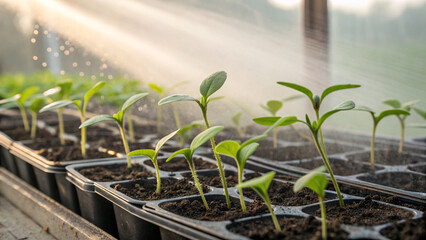 Young melon seedlings growing in pots under gentle sunlight and irrigation, symbolizing fresh growth, agriculture, and sustainable farming practices.