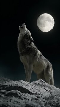 A grey wolf stands on a snowy ridge under a bright full moon, with craggy cliffs and a silent night