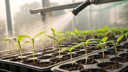 Young melon seedlings growing in pots under gentle sunlight and irrigation, symbolizing fresh growth, agriculture, and sustainable farming practices.