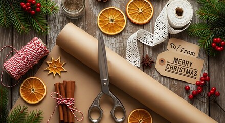 Christmas gift wrapping station with craft supplies on wooden table.