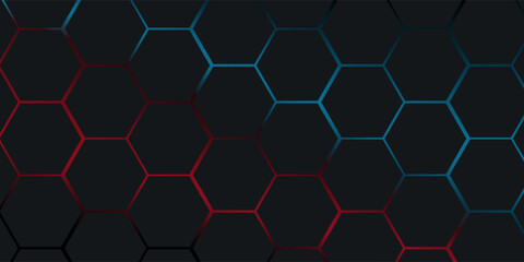 Dark red and blue hexagon abstract technology background with red and blue colored bright flashes under hexagon. Hexagonal gaming vector abstract tech background.