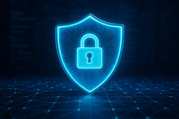 Cybersecurity shield with glowing padlock protects data in digital network space