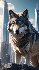 Majestic gray wolf gazing forward, city skyscrapers in background