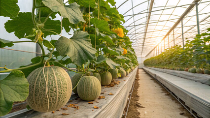 Fresh melons growing in a modern greenhouse, showcasing organic farming, smart agriculture, and sustainable food production practices.