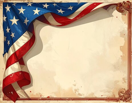 Patriotic artwork American flag over parchment, ornate border