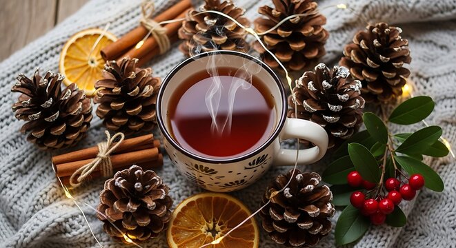 Cozy cup of hot tea surrounded by pinecones and citrus slices on a knitted blanket.