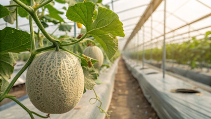 Fresh melons growing in a modern greenhouse, showcasing organic farming, smart agriculture, and sustainable food production practices.