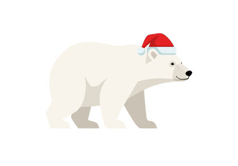 A white polar bear wearing a red Santa hat