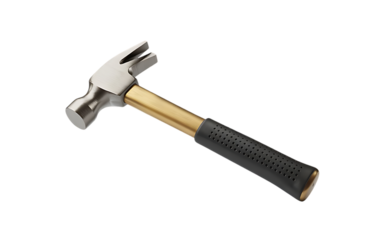 Realistic 3d render of a classic metallic claw hammer with wooden handle and black grip isolated on transparent background