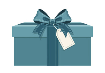 Blue gift box with a ribbon and a blank tag