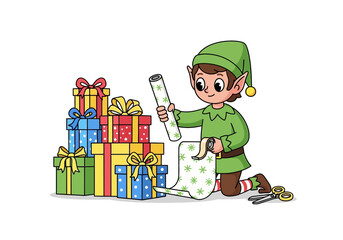 Cartoon elf kneels wrapping gifts beside a stack of presents with scissors nearby