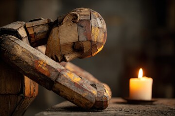 Wooden figure is in pain by the candle