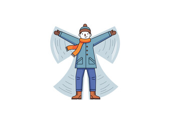 Cartoon figure in winter clothes making a snow angel on white background