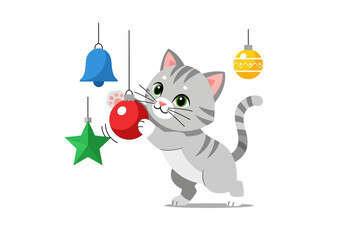 Cartoon grey kitten playing with hanging Christmas ornaments bell star  ball