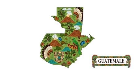 Detailed folk art illustration of the map of Guatemala, featuring iconic national symbols, flora, fauna, and cultural heritage on a white background