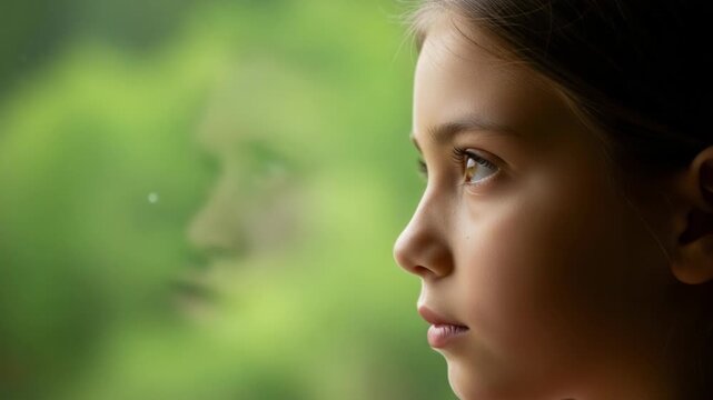 Closeup profile of a young girl looking out a window