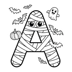 Halloween Letter A Coloring Page with Bats, Ghosts, and Pumpkins