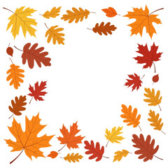 Autumn leaves frame: colorful maple and oak leaves border a white square.