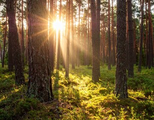 Fototapeta premium Sunlight streaming through forest trees.