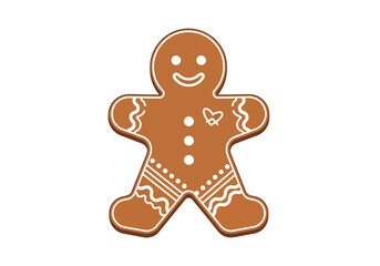 Gingerbread man cookie with white icing trim smiling face and decorative details on a white background